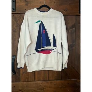 Vtg Oakton Limited Sweater Mens XL Tall Cream Crew 90s Sailboat Linen Cotton